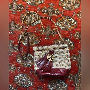 Tory Burch Fleming Tweed mini bucket bag red burgundy